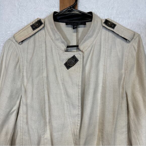 Lafayette 148 Linen Blend Cream Faux Leather Trim Long Sleeve Blazer Jacket 10‎ - Picture 2 of 10